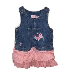 Baby Q Girls Size 12M Butterfly Embroidered Overall Denim Pink Shirt Dress